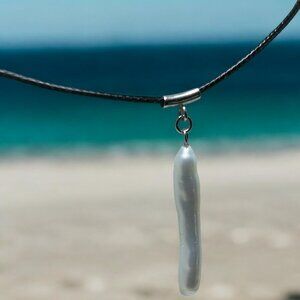 Long Biwa Pearl with Black Cord Necklace